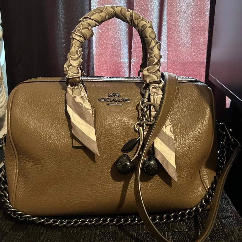 Coach Olive Pebbled Leather Satchel with Chain Trim and Scarf-Wrapped Handles
